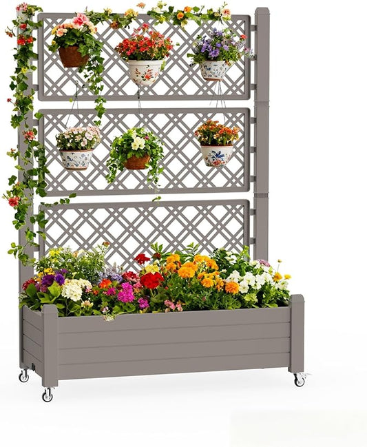 Mobile Garden Planter with Trellis & Lockable Wheels, Outdoor Raised Bed with Drainage & Water Gauge, Weather-Resistant Resin for Patio, Balcony, Yard, Dust-Resistant (Grey, 43.43*18.27*64.29) EASYUP