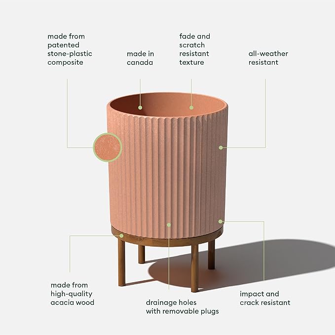 Veradek Demi Series Round Planter w/Stand for Porch/Patio | Durable Plastic-Stone Composite & Wooden Stand | Modern Décor for Tall Plants, Flowers VeradekOutdoor