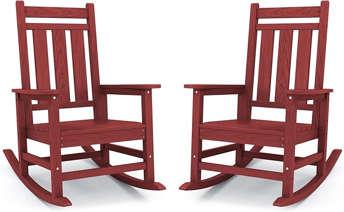 KINGYES Oversized Outdoor Rocking Chair Set of 2, All-Weather Patio Rocking Chairs for Porch, HDPE Outdoor Patio Rockers with High Back & Wide Seat for Garden, Lawn, Red KINGYES
