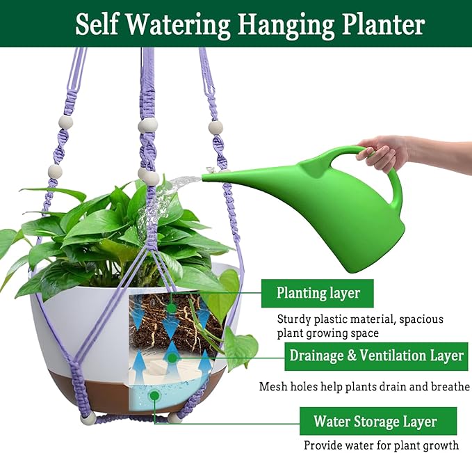 2 Pack Hanging Planters Set,10 Inch Indoor Outdoor Hanging Plant Pot Basket,Hanging Flower Pot with Drainage Hole with 3 Hooks for Garden Home(Purple Hanger White Planters) Koalaime