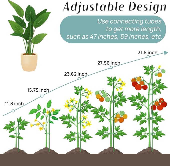 Plant Stakes, 20 Pcs Plant Sticks Stakes Support, Garden Stake Pole with Clips, Adjustable Plant Support with 20 Rings and 10 Connectors for Indoor and Outdoor Plants Catephe