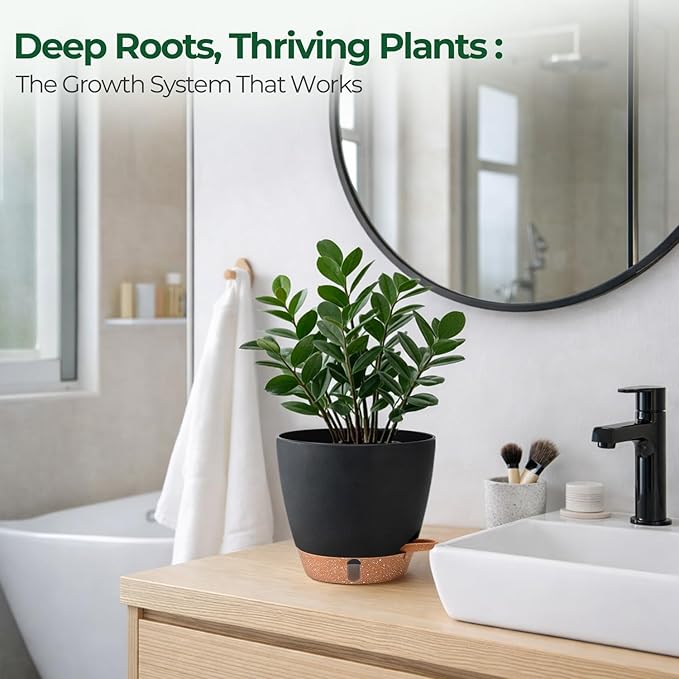 T4U 2 Pack 8 Inch Self Watering Pots - Water Level Indicator & Deep Reservoir, Mess-Free Planter for Busy People, Beginners & Gardeners, Pothos/Herbs/Snake Plants, Indoor Outdoor Use (Black) T4U