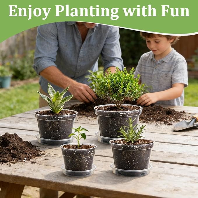 15 Pack 8/7/6 Inch Clear Nursery Pots with Saucer, Transparent Plastic Plant Pot with Drainage Hole, Sturdy Planting Starter Pots for Gardening Flower Herb Vegetable RooTrimmer