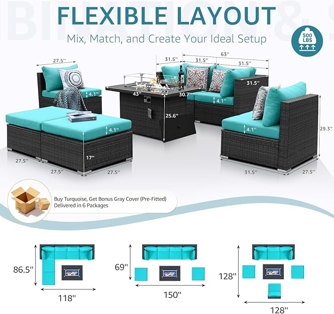 NICESOUL 29.3'' High-Back Outdoor Patio Furniture Set with Firepit Propane & Natural Gas, Oversized Deep Seat Rattan Conversations for Tall People, 7 Piece Couches, 2 Color Cushions Turquoise & Grey NICESOUL