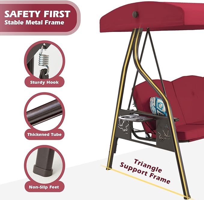 3-Seat Outdoor Porch Swing with Stand, Patio Swing with Canopy, 2 in 1 Porch Swing Bed & Patio Swing Chair for Adult w/Extra Pillows and Cup Holder for Yard (Wine Red) zzw