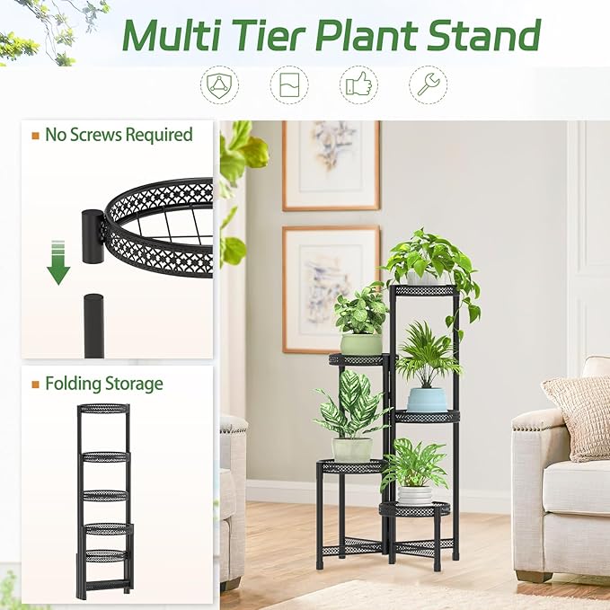 iDavosic.ly Plant Stand Indoor Outdoor, 5 Tier Corner Metal Flower Display Holder Shelf, Easy Assembly Folding Tall Orchid Rack for Patio Balcony Porch Garden Living Room House, Wrought Iron - Modern Black iDavosicly