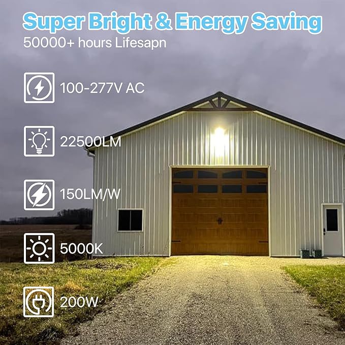 HYPERLITE Parking Lot Light 200W: 30000LM 5000K LED Parking Lot Lights Outdoor with Photocell, Arm & Slip Fitter 2 in 1 Mount LED Pole Light for Parking Lot, Garage, Barn, Roadways, Driveways HYPERLITE