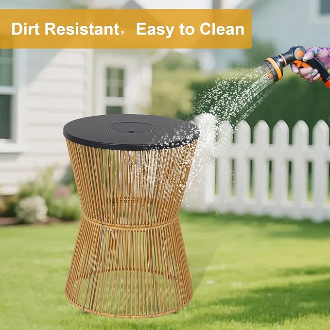 HMVPL Solar Outdoor Side Table with Dimmable Light, Patio Side Tables for Outside, Round Outdoor End Tables Set of 2, Plastic Rattan Patio End Accent Table for Poolside Backyard Gazebo, Dusk to Dawn HMVPL