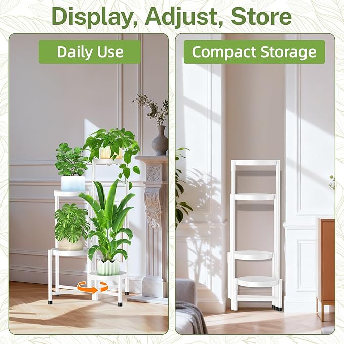 iDavosic.ly Plant Stand Indoor Outdoor, 4 Tier Corner Metal Flower Display Holder Shelf, Easy Assembly Folding Tall Orchid Rack for Patio Balcony Porch Garden Living Room House, White iDavosicly