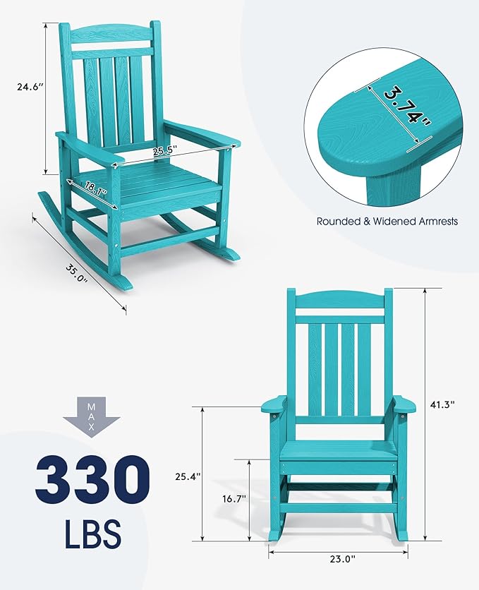 KINGYES HDPE Outdoor Rocking Chair Set of 4, All-Weather Poly Patio Rocking Chairs with 330lbs Support for Adults, Aruba Blue KINGYES