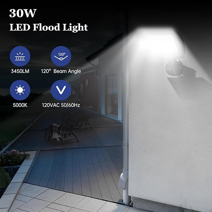 dephen 30W LED Flood Lights Outdoor with Knuckle Mount, 3450Lumen 120V Landscape Lighting, 5000K IP65 Waterproof Security Spotlight for Yard Patio Garden House (UL-Listed) dephen