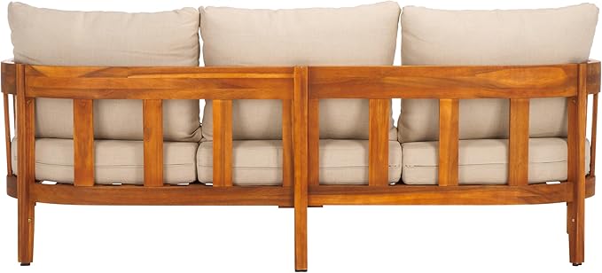 SAFAVIEH Outdoor Collection Owen Acacia Solid Wood Natural/Taupe Cushion 3-Seater Sofa SAFAVIEH