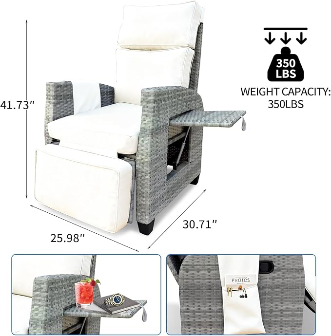 Outdoor Wicker Recliner Chair, 145° Patio Lounge Chair with 4" Cushion, Adjustable Backrest & Footrest, Flip-up Table & Side Pocket for Backyard, Deck, Balcony, Terrace, Poolside Rootora