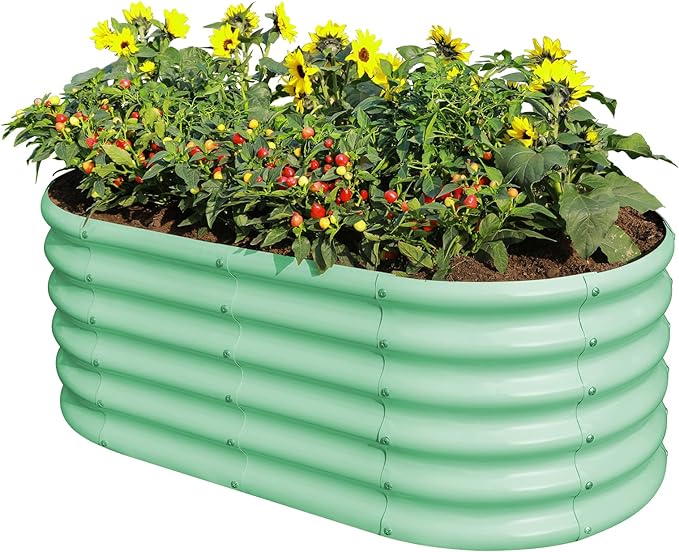 Land Guard 18“ Tall 4×2ft Galvanized Raised Garden Bed Kit, Galvanized Planter Garden Boxes Outdoor, Oval Large Metal Raised Garden Bed for Vegetables……… (Lime Green, 4×2×1.5ft) LandGuard