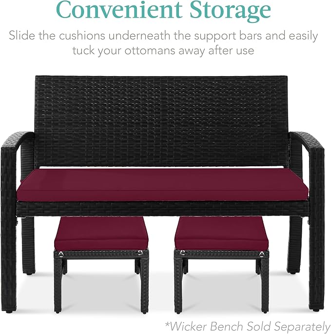 Best Choice Products Set of 2 Wicker Ottomans, Multipurpose Outdoor Furniture for Patio, Backyard, Additional Seating, Footrest, Side Table w/Removable Cushions, Steel Frame - Deep Burgundy/Black BestChoiceProducts
