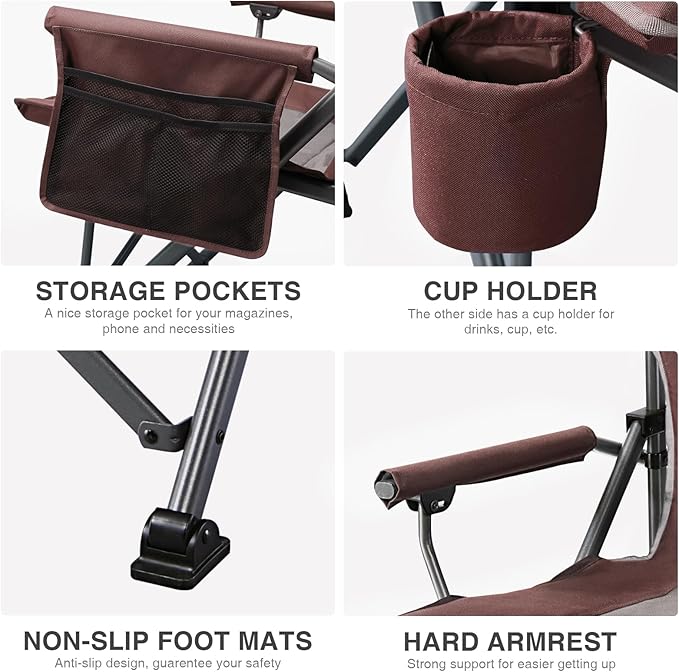 EVER ADVANCED Oversized Folding Camping Chair, for Adults Heavy Duty Lawn Chair with Side Pockets, Portable Collapsible Quad Chair for Outside, Support Up to 500lbs, Red 2Pack EVERADVANCED