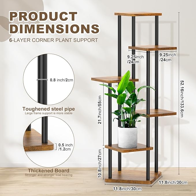 6 Tier Wood Tall Plant Stand Metal Rack Indoor, Multiple Flower Pot Holder Shelves Corner Rack, Planter Shelf Display Rack Storage Organizer for Patio Living Room Balcony Garden(Black) YOCOMEY