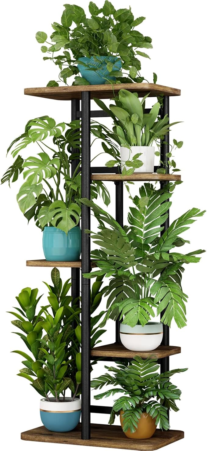 LINZINAR Plant Stand 5 Tier 6 Plant Multiple Flower Rack Holder Shelves Rack Storage Organizer Display Indoor Planter for Balcony Bedroom Patio Garden Living Room, Black LINZINAR
