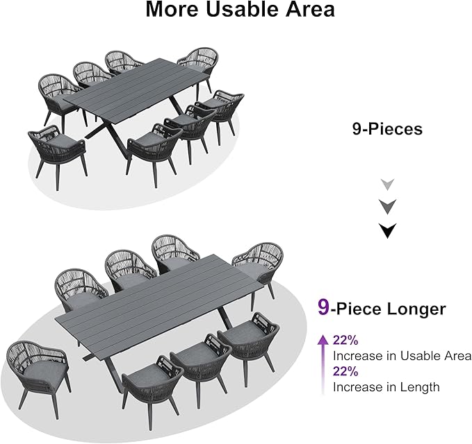 PURPLE LEAF 9 Piece Longer Patio Dining Set with Outdoor Aluminium Dining Table and Woven Chairs Modern Metal Furniture Cushions Sets for Garden Yard Indoor Decor Kitchen Gray PURPLELEAF