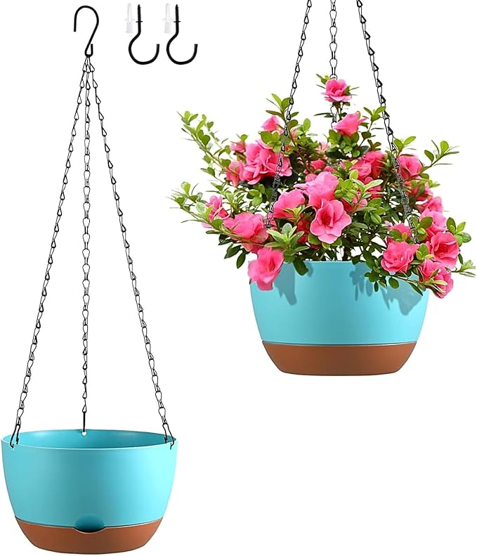 Hanging Planters for Indoor Plants, Set of 2 8/10 Inch Self-Watering Hanging Pots with Drainage Hole & Removable Water-Storage Tray II Screw-in Hooks Rootora