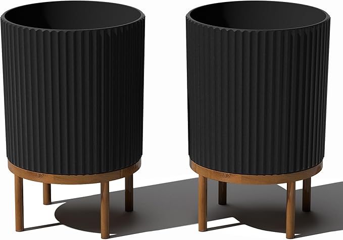 Veradek Demi Series Round Planter w/Stand for Porch/Patio | Durable Plastic-Stone Composite & Wooden Stand | Modern Décor for Tall Plants, Flowers VeradekOutdoor