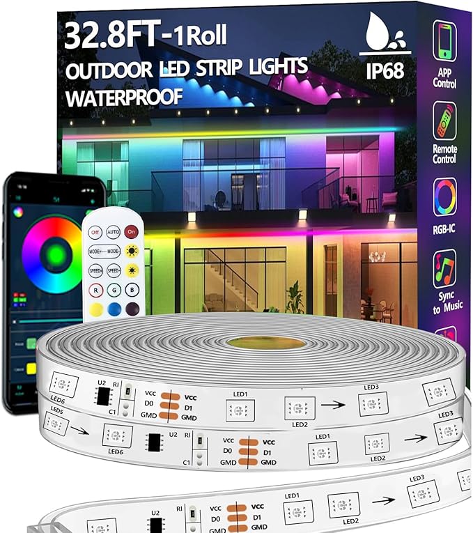 32.8FT Outdoor LED Strip Light Waterproof,IP68 Outside RGB+IC Light Strip with App/Remote Control,Chase Mode,Music Sync Rope Light for Balcony,Deck,Rooftop,Garden,Pool httpsmp