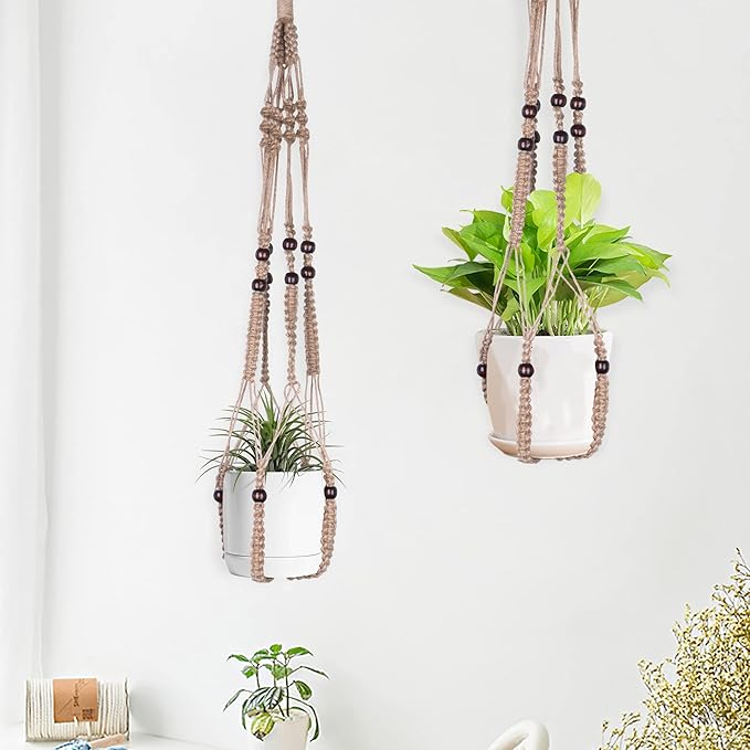 Macrame Plant Hanger Indoor Hanging with Wood Beads Macrame Planters No Tassel for Indoor Outdoor Boho Home Decor 35 Inch(Brown, 2) BlueMake