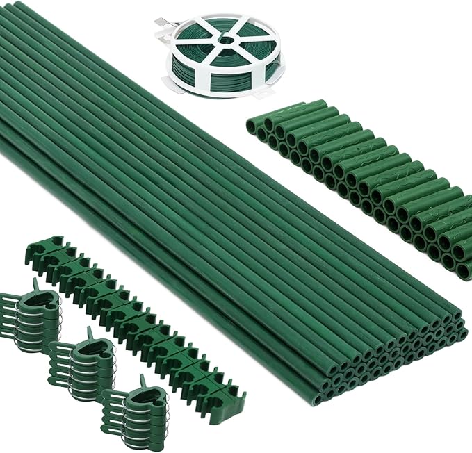 MAXPACE 125pcs Garden Stakes Kit: Includes 40 Sets of Fiberglass Plant Sticks Supports & Accessories for DIY 4ft, 5ft, 6ft, 7ft Stakes for Tomato, Vegetables, Indoor & Outdoor Gardening Supplies MAXPACE