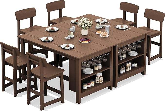 SERWALL 8-Piece HDPE Counter Height Dining Table Sets with Storage and Wine Rack, 2 Rectangular Bar Table with Bar Stools Set of 6 for Garden, Backyard, Kitchen, Brown SERWALL