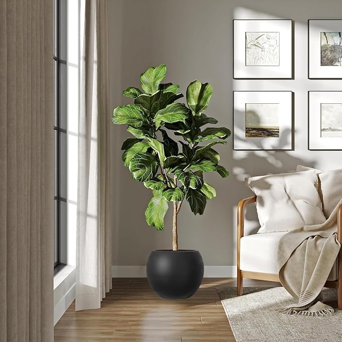 10 H x 14" Dia (10" Pot Opening) Round Fiberstone Planter with Drainage Hole, Black, Indoor/Outdoor Large Plant Pot for Home Patio Garden, Ideal for Large Plants Panlaolao