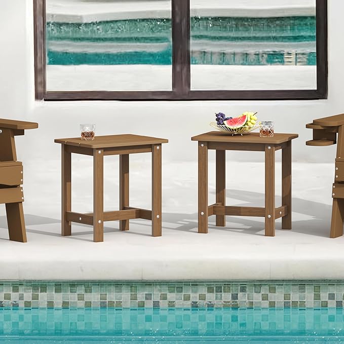 LUE BONA Outdoor Side Table Set of 2, HDPS Small Outdoor Table, Adirondack Side Table, Outside End Table for Patio, Porch, Deck, Pool, Weather Resistant/Easy Maintenance/Indoor or Outside Use, Brown LUEBONA