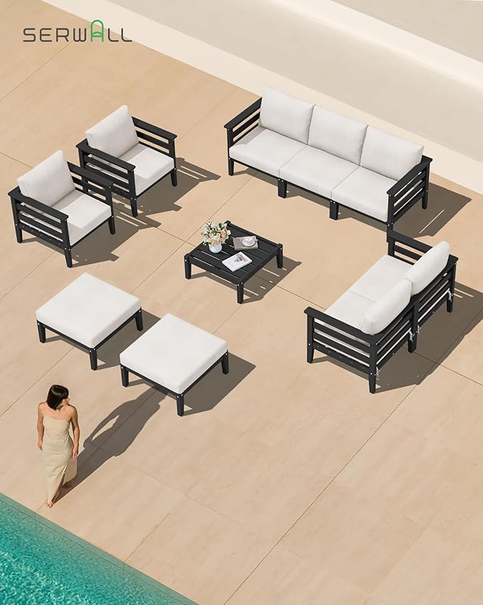 SERWALL HDPE Patio Furniture Set, 2 Pieces Outdoor Sectional Sofa Set, All-Weather Wood-Like Outdoor Sofa Couch with Coffee Table for Deck, Lawn, Black Frame with Khaki Cushion SERWALL