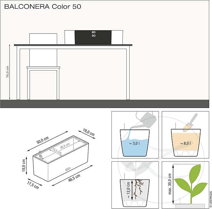 Lechuza BALCONERA Color 50 White, Self-Watering Window Box (Railing Planter), H7.5 L19.7 W7.5 in LECHUZA
