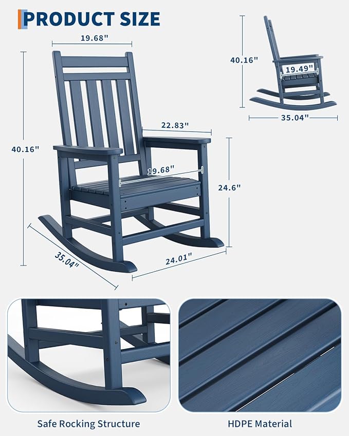 GarveeLife Poly Lumber Rocking Chair Outdoor Set of 4 - HDPE High Back Porch Rocker Chairs for Adults - All Weather Resistant Furniture for Patio - Navy Blue GarveeLife