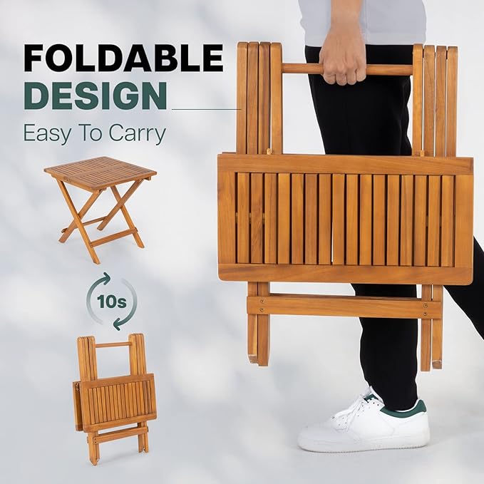 Idzo Mira Acacia Wood Folding Bistro Side Table Outdoor, 19.5 Inch x 19.5 Inch, Heavy Duty 200 Lbs Capacity Loading, Space-Saving for Garden & Balcony, No Assembly Idzo