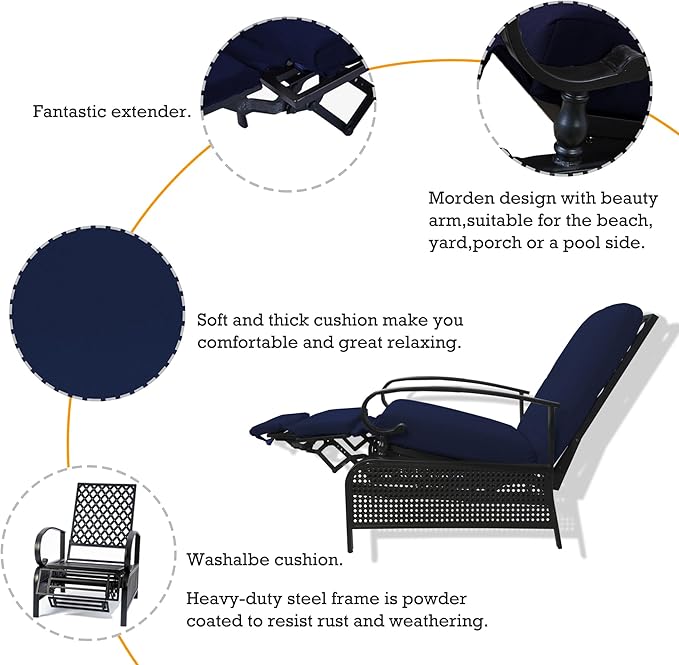 Kozyard Adjustable Outdoor Reclining Lounge Chair, Cushioned Patio Chaise Lounge with Extendable Metal Frame for Sunbathing, Reading & Relaxing – Comfortable Outdoor Recliner(Navy Blue) Kozyard