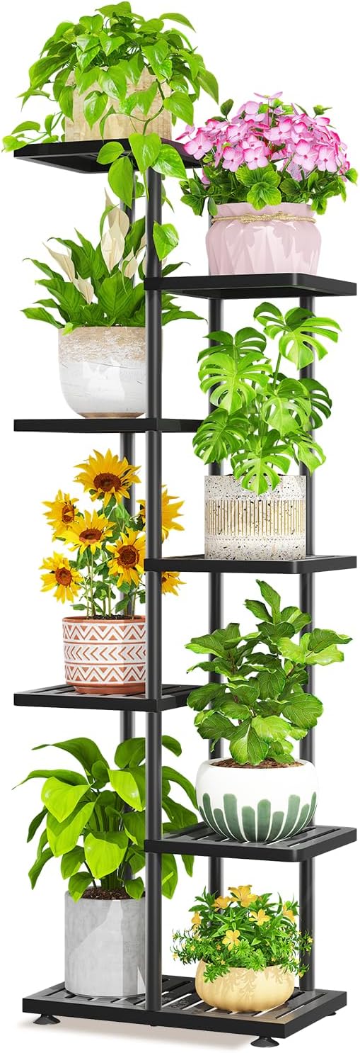LASZOLA 6 Tier Plant Stand Indoors Outdoors for Large Heavy Duty Planter, Black Metal Tall Flower Holder Rack with Multiple Shelf for Modern Patio Corner, Vertical Organizer, Weather Resistant Bracket LASZOLA