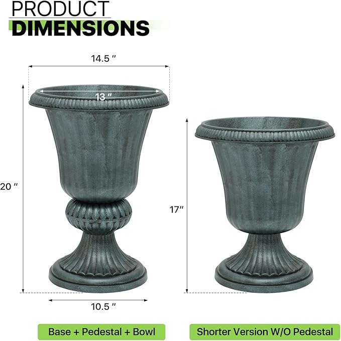 Magshion 20" Urn Planters for Outdoor Plants, Large Decorative Front Porch Planters Set of 2, Weatherproof Tall Plastic Flower Pots for Garden, Patio & Entryway Décor, Antique Green Magshion