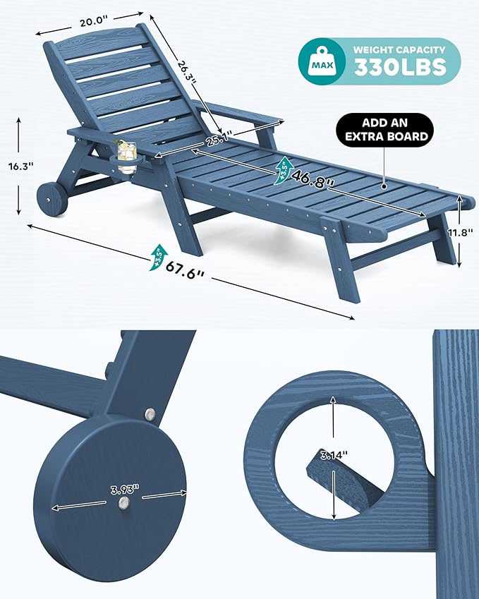 SERWALL Patio Chaise Lounge Chair Set of 6, 5 Positions Adjustable Poly Outdoor Lounger for Pool, HDPE Lounge Chair with Rolling Wheels & Cup Holder for Poolside, Deck, Blue SERWALL