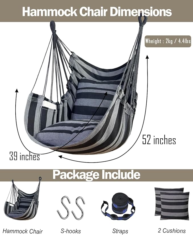 Halalona Hammock Chair Hanging Hammock Chair Rope Swing 2 Cushions Included-Sturdy & Durable Soft Cotton Hand Woven Hammock Swing for Bedroom, Porch, Patio-Indoor/Outdoor Halalona