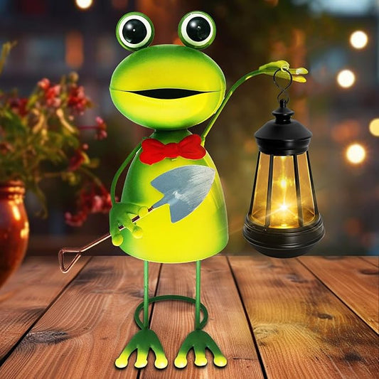 Solar Garden Lights Frog Statue,13.78in Tall Frog with Lantern Waterproof, Birthday Gifts for Women Mom Grandma, Big Metal Frog Stakes Decorative for Home Front Patio Balcony Yard Art Lawn yulloyello