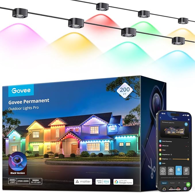 Govee Permanent Outdoor Lights Pro, 200ft with 120 RGBIC LED Lights for Daily and Accent Lighting, 75 Scene Modes for Outdoor Decor, IP67 Waterproof, Works with Alexa, Google Assistant, Matter, Black Govee