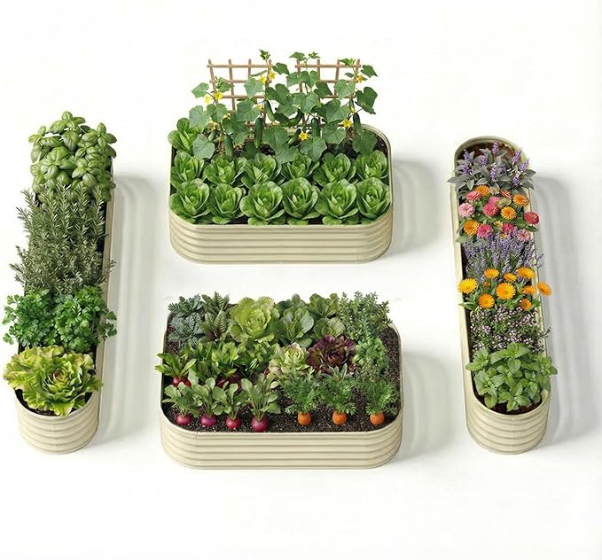 4-Pack 18” Tall Galvanized Raised Garden Beds – Small Space Garden Layout, Fits 170 Sq Ft Yard or Patio, 10x2x1.5 & 6x4x1.5 ft Metal Planter Box for Compact Outdoor Gardening - Sand Beige Annoell