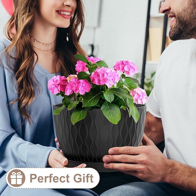 12 Inch Large Plant Pots for Indoor or Outdoor Plants, Wide Water Ripples Flower Pots with Drainage Holes & Saucer, Plastic Planters Set for Garden & Home Decor (Black) WSMKSZ