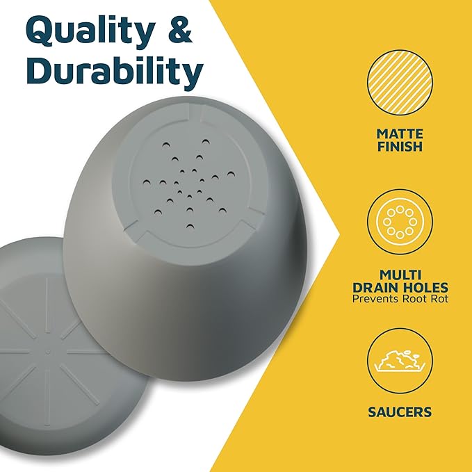 Planter Pots with Drainage Holes - Lightweight, Durable & Space-Saving Pots for Indoor and Outdoor - Versatile Functionality, Simple Modern Design, Set of 5 Plastic Planter Pots - Gray LIFEMASTER