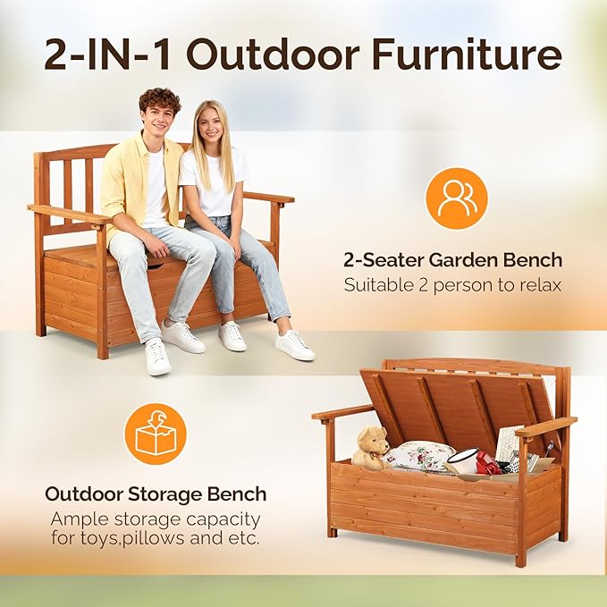 VINGLI Outdoor Storage Bench, Large Wood Deck Box with Seating, Weatherproof Outdoor Bench with Storage Loveseat, 2-Person Wooden Patio Bench for Entryway, Backyard, Garden VINGLI