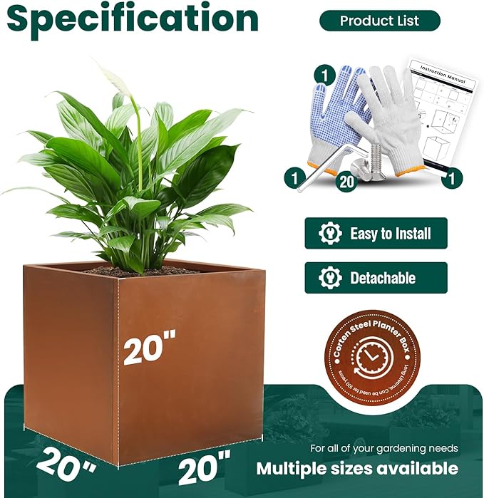 Corten Steel Planter Box Outdoor Planter Metal Square 20 Inch Large Steel Flower Pot Rustic Cube Patina Tall Plant for Commercial Residential Patio Yard Garden GZGNEEVL