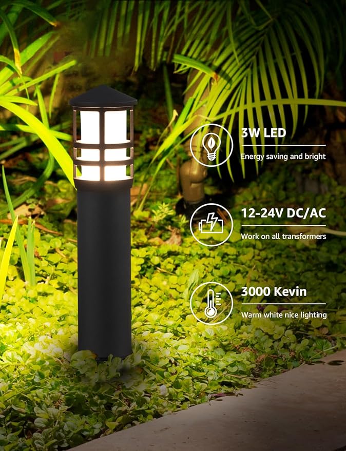 SUNVIE 12-Pack Low Voltage Landscape Pathway Lights 3W Outdoor Landscape Lighting 3000K 12-24V LED Bollard Path Lights Wired CRI 90+ Aluminum Pathway Lighting for Walkway Yard Garden, ETL Listed Cord SUNVIE