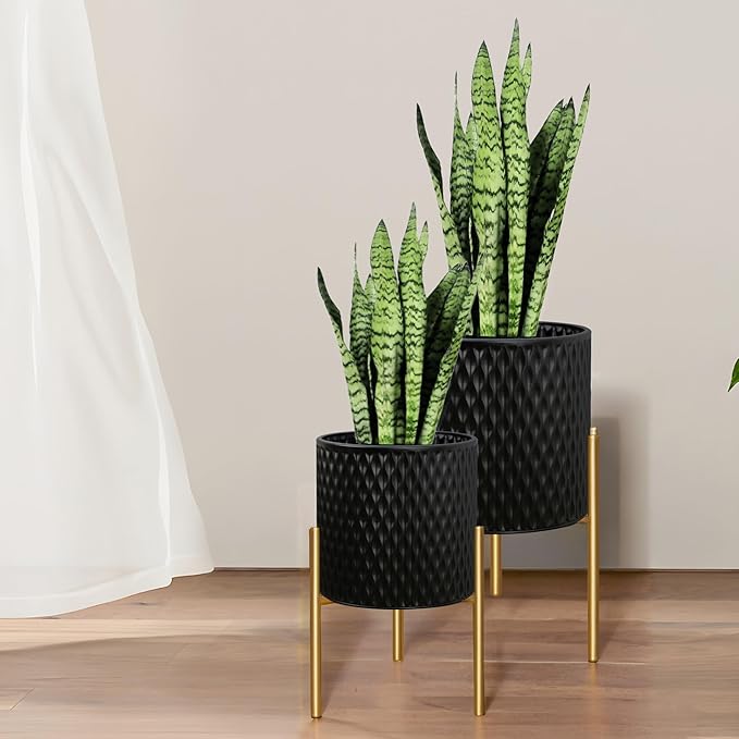 ARNIS Plants Pots with Stand, Large Size Flower Pots, Set of 2 Unique Mid Century Decorative Metal Flower Pots with Drainage,10.5&12.25 Inch, Black ARNIS