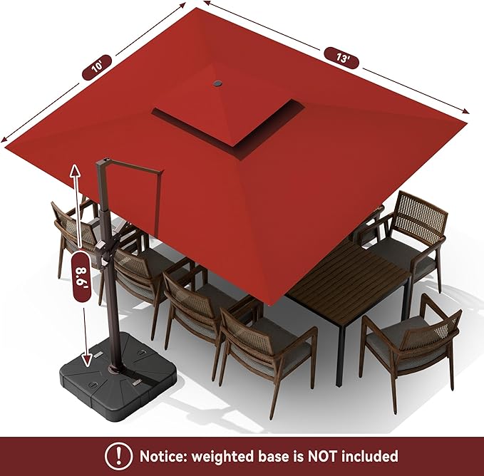 10 X 13 FT Cantilever Outdoor Patio Umbrella with Base Included with Led Lights Large 360° Rotation Double Top Offset Heavy Duty Rectangular Umbrellas for Backyard Outside Deck, Wine Red MEVBC